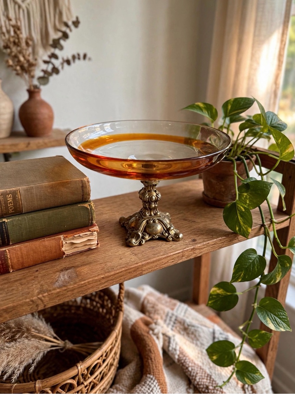 Vtg 60s Amber Band Glass Tazza Bowl Ornate Brass Base MCM 10" #Centerpiece